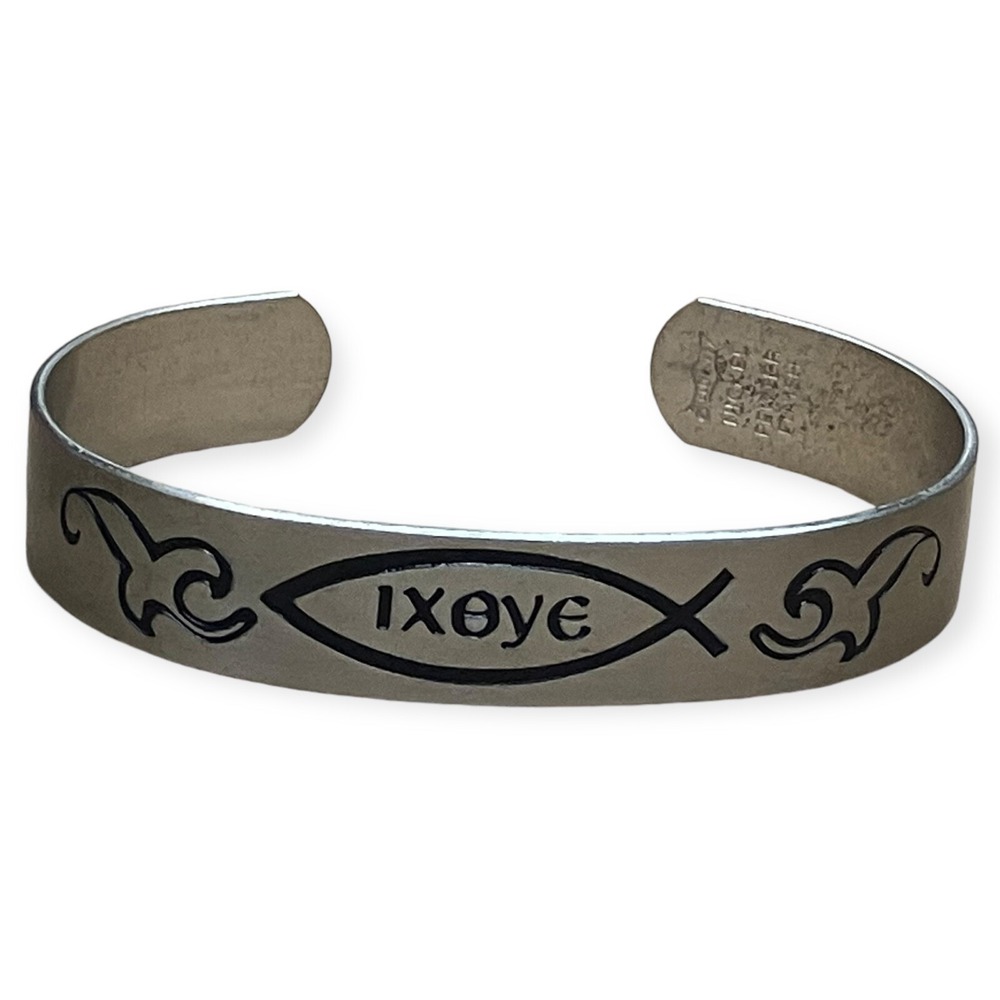 IXOYE FISH Pewter Finish Nickel Cuff Religious Christian Black Cuff Bracelet
